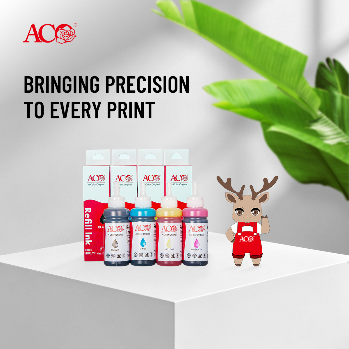 ACO CMYK refill ink bottles in black, cyan, yellow and magenta for home and office color printing