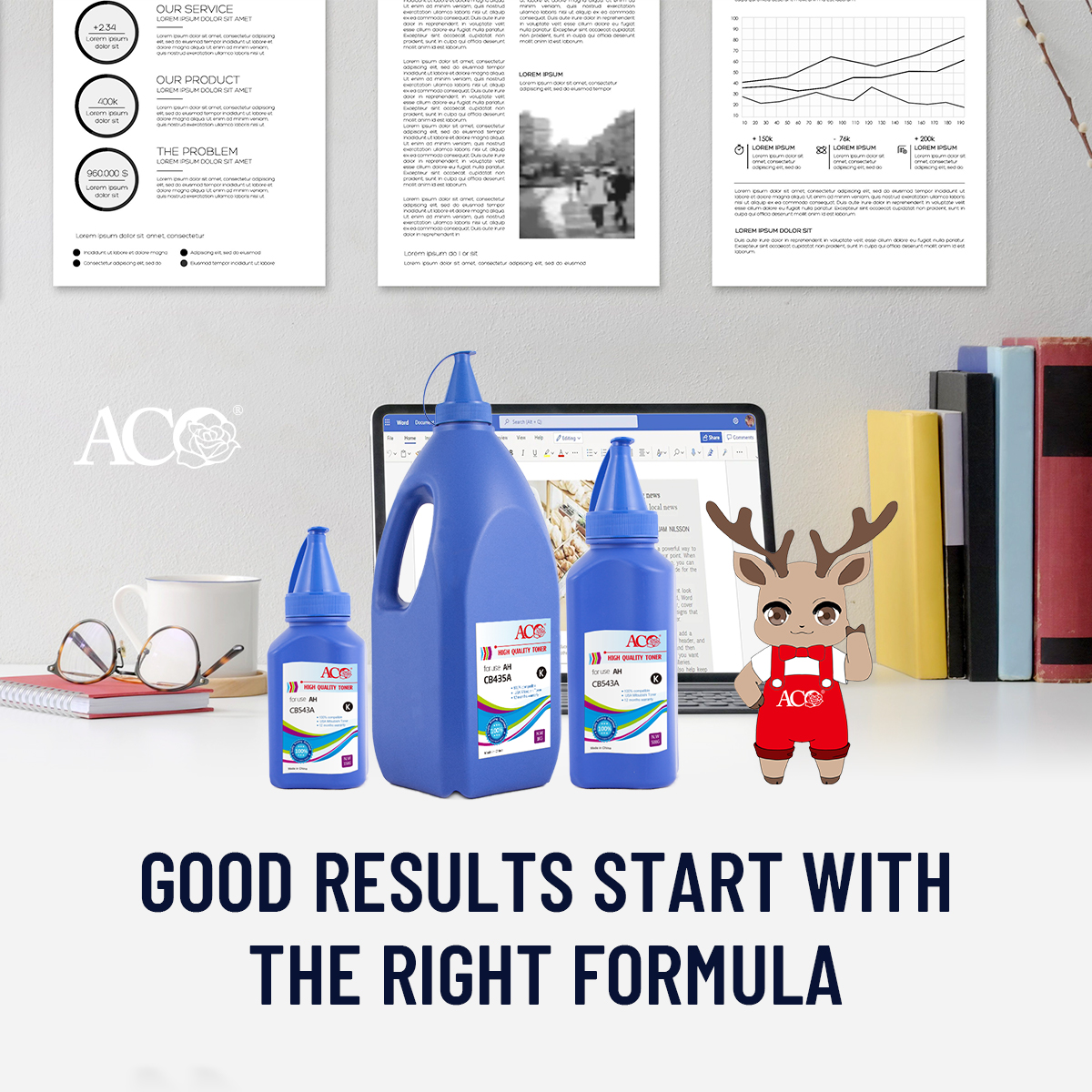 ACO black toner powder refill bottles for laser printer applications, including CB435A compatible toner powder for office and business printing