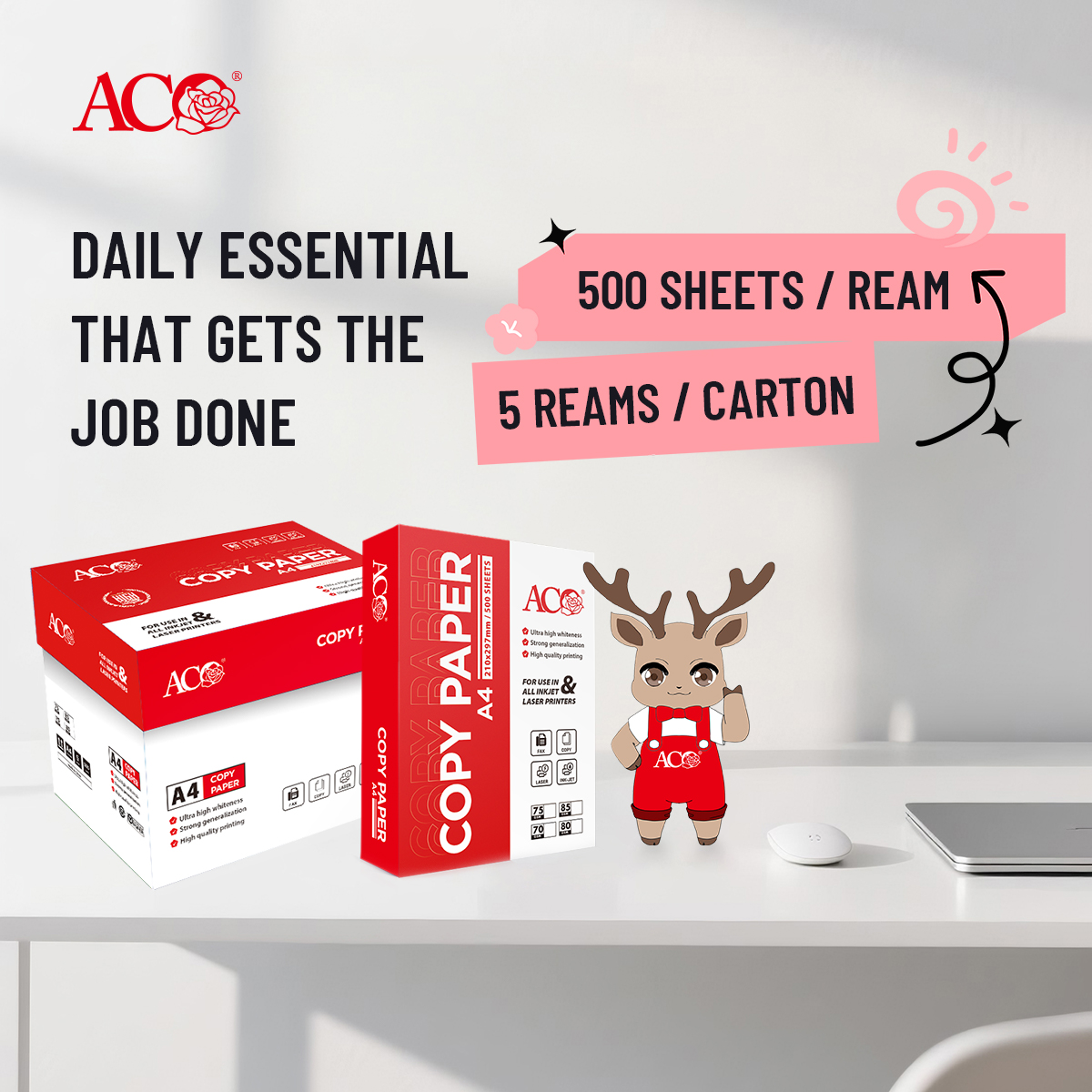 ACO A4 copy paper 500 sheets per ream and 5 reams per carton for inkjet and laser printers