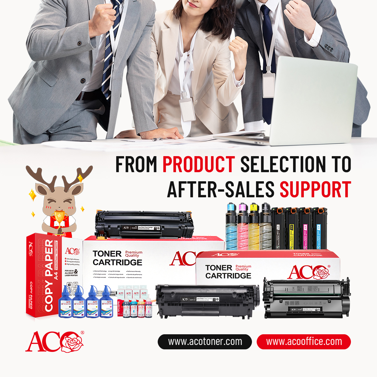 ACO toner cartridges, refill ink, A4 copy paper and printing consumables with product selection and after-sales support