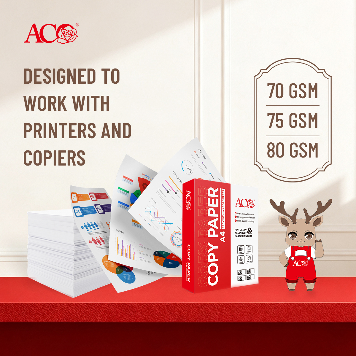 ACO A4 copy paper in 70 GSM, 75 GSM and 80 GSM for printers and copiers, professional office printing paper
