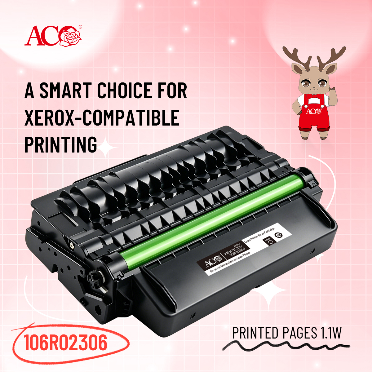 ACO 106R02306 Xerox-compatible black laser toner cartridge for monochrome office and business printing