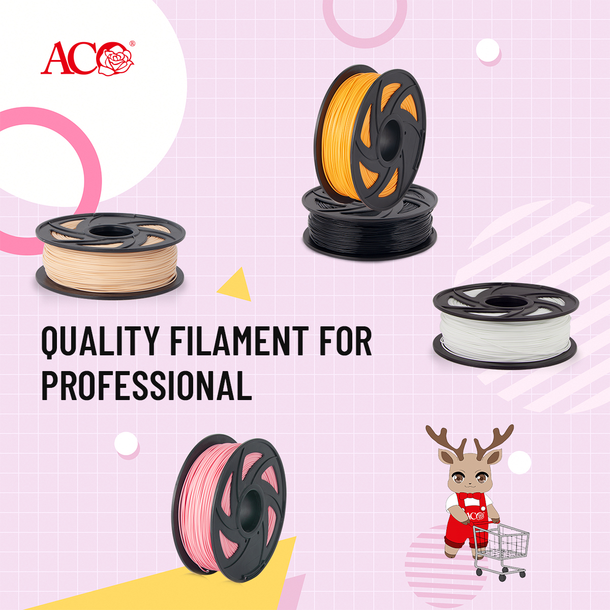 ACO 3D printer filament spools in multiple colors for professional 3D printing, prototyping, distributors, wholesalers and resellers.