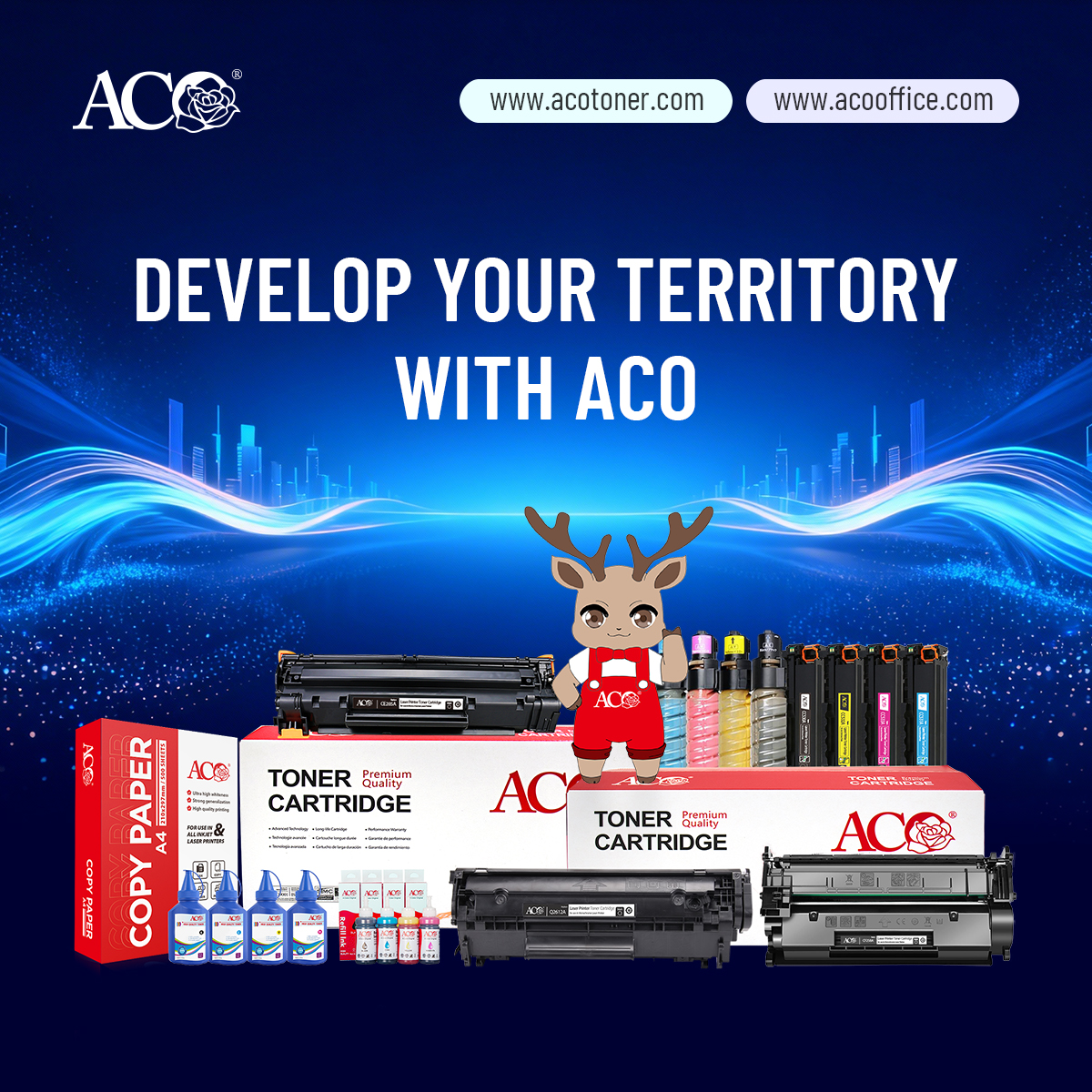 ACO printing supplies portfolio featuring toner cartridges, refill ink, copy paper and printer consumables for distributors, wholesalers and B2B buyers