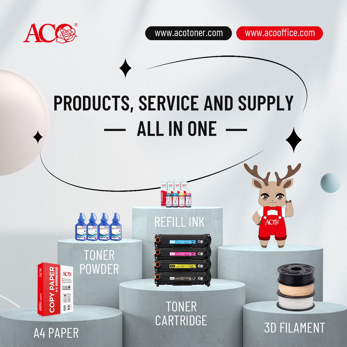 ACO printing and office supplies including toner cartridges, refill ink, toner powder, A4 copy paper and 3D printing filament for distributors, wholesalers and B2B buyers.