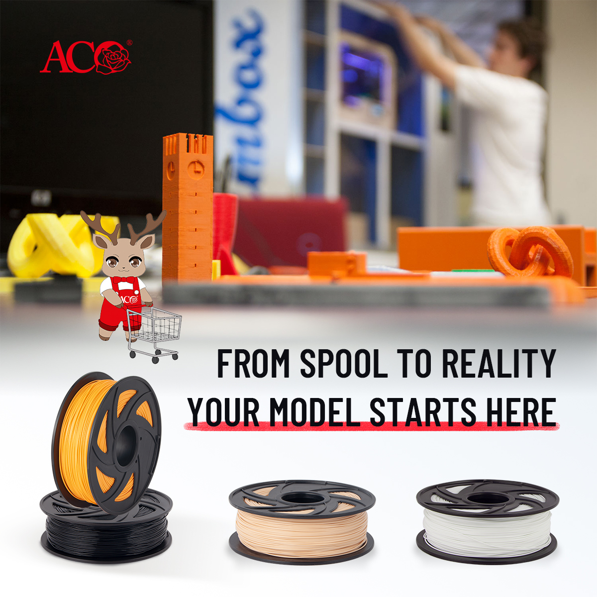 ACO 3D printer filament spools for 3D printing models and prototypes