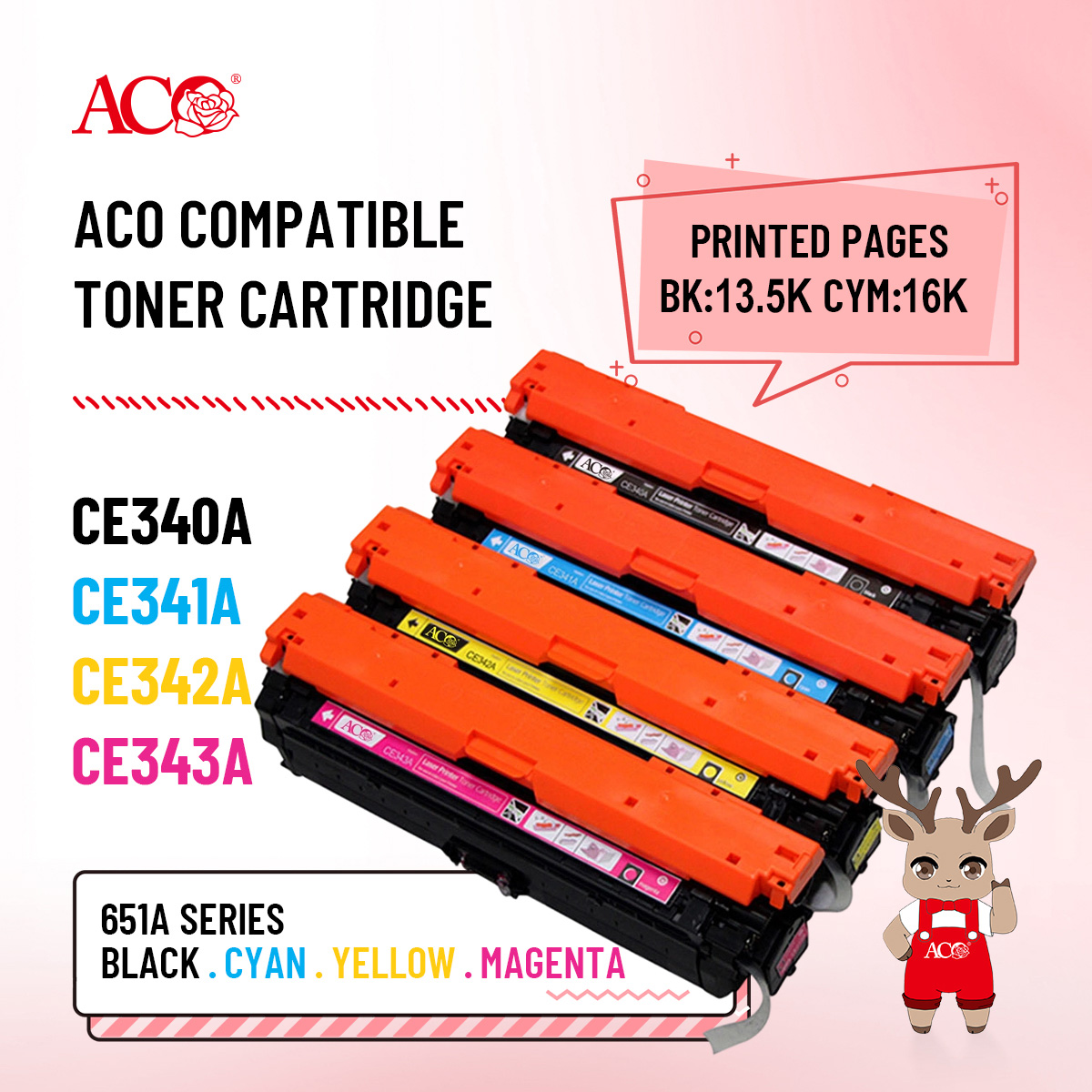 ACO compatible HP 651A toner cartridges CE340A CE341A CE342A CE343A black cyan yellow magenta