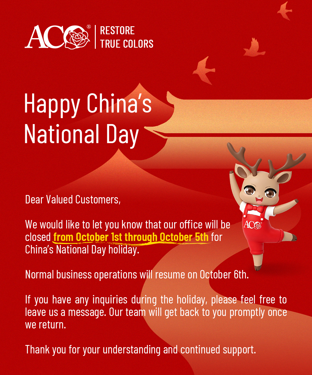 ACO China National Day holiday notice on a red festive background with Chinese-inspired graphics and the ACO mascot. The notice states that the office will be closed from October 1 through October 5, 2026, with normal business operations resuming on October 6.