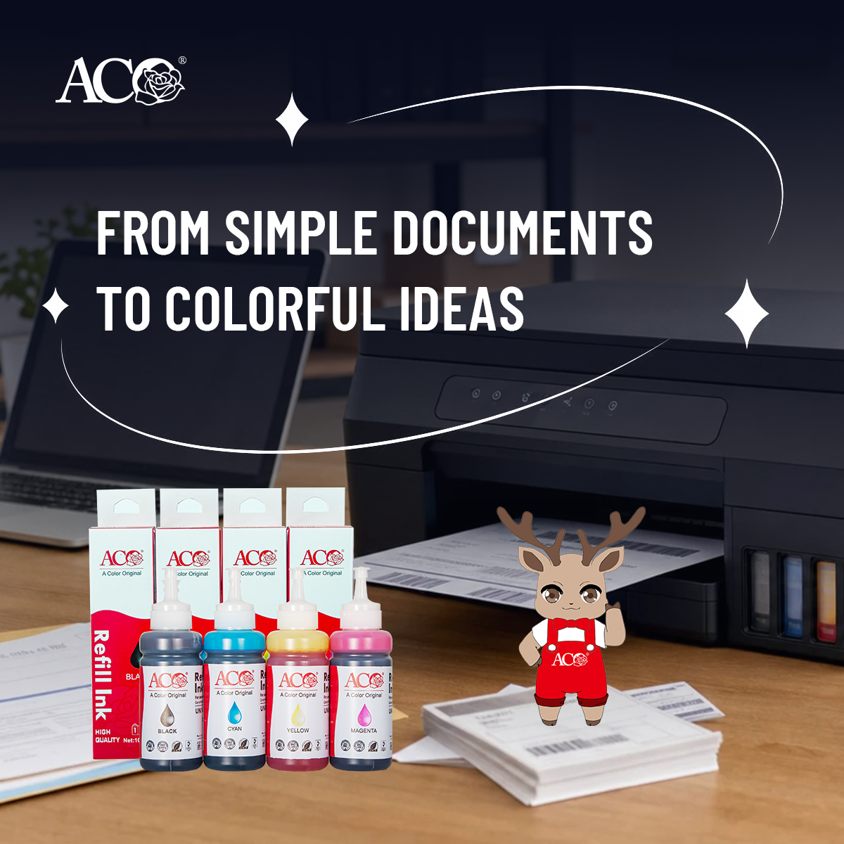 ACO Color Refill Ink set in Black, Cyan, Yellow and Magenta — high quality refill ink for inkjet printing, from simple documents to colorful ideas