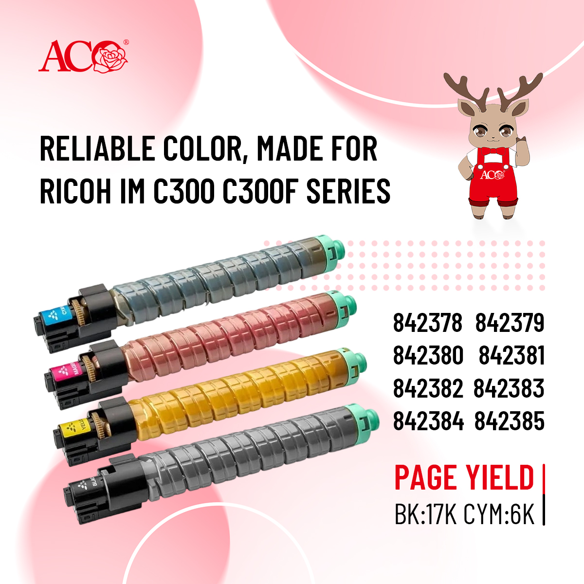 ACO compatible toner cartridge for Ricoh IM C300 C300F Series with reliable color printing