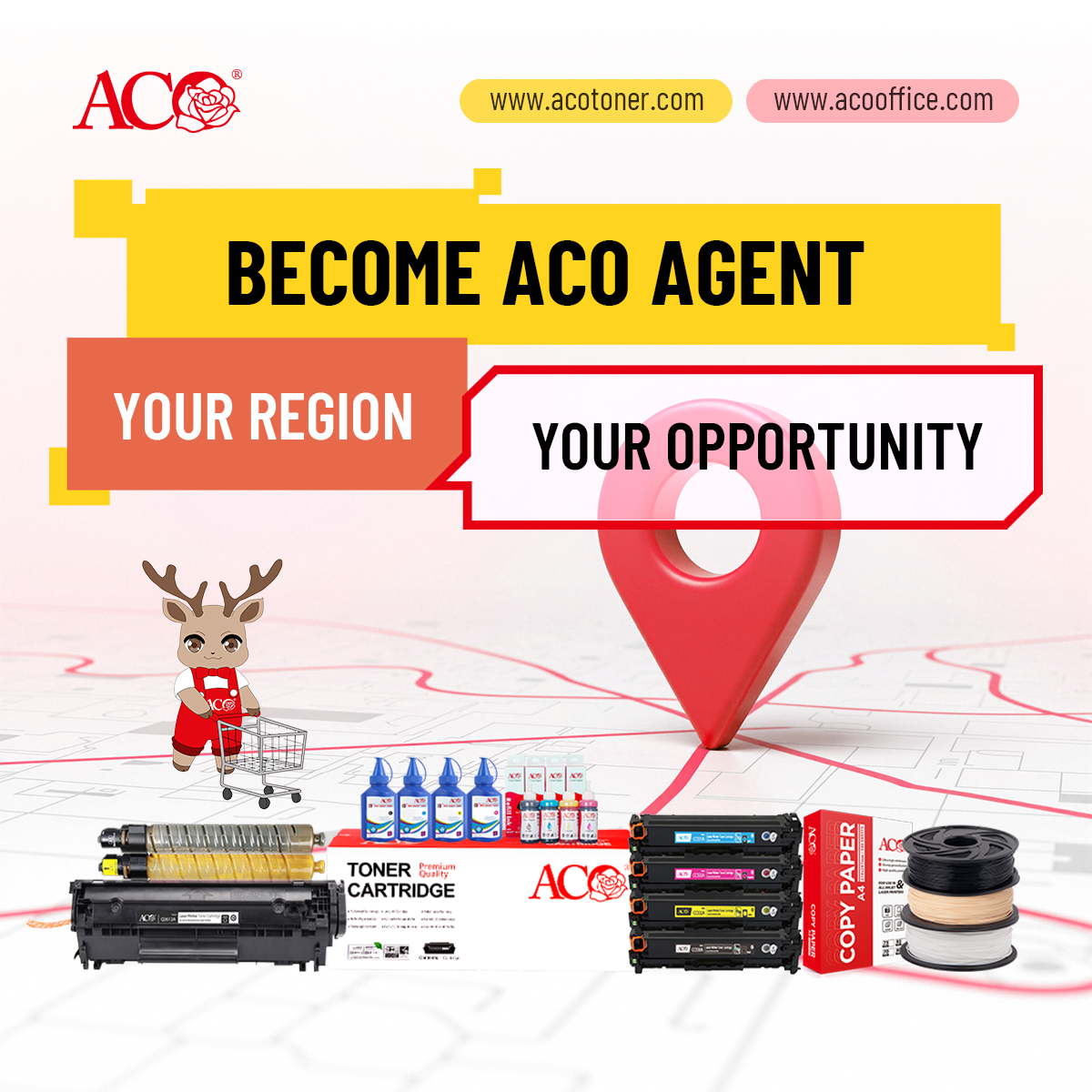 ACO global agent recruitment for toner cartridge, ink, copy paper and 3D printing consumables partnership