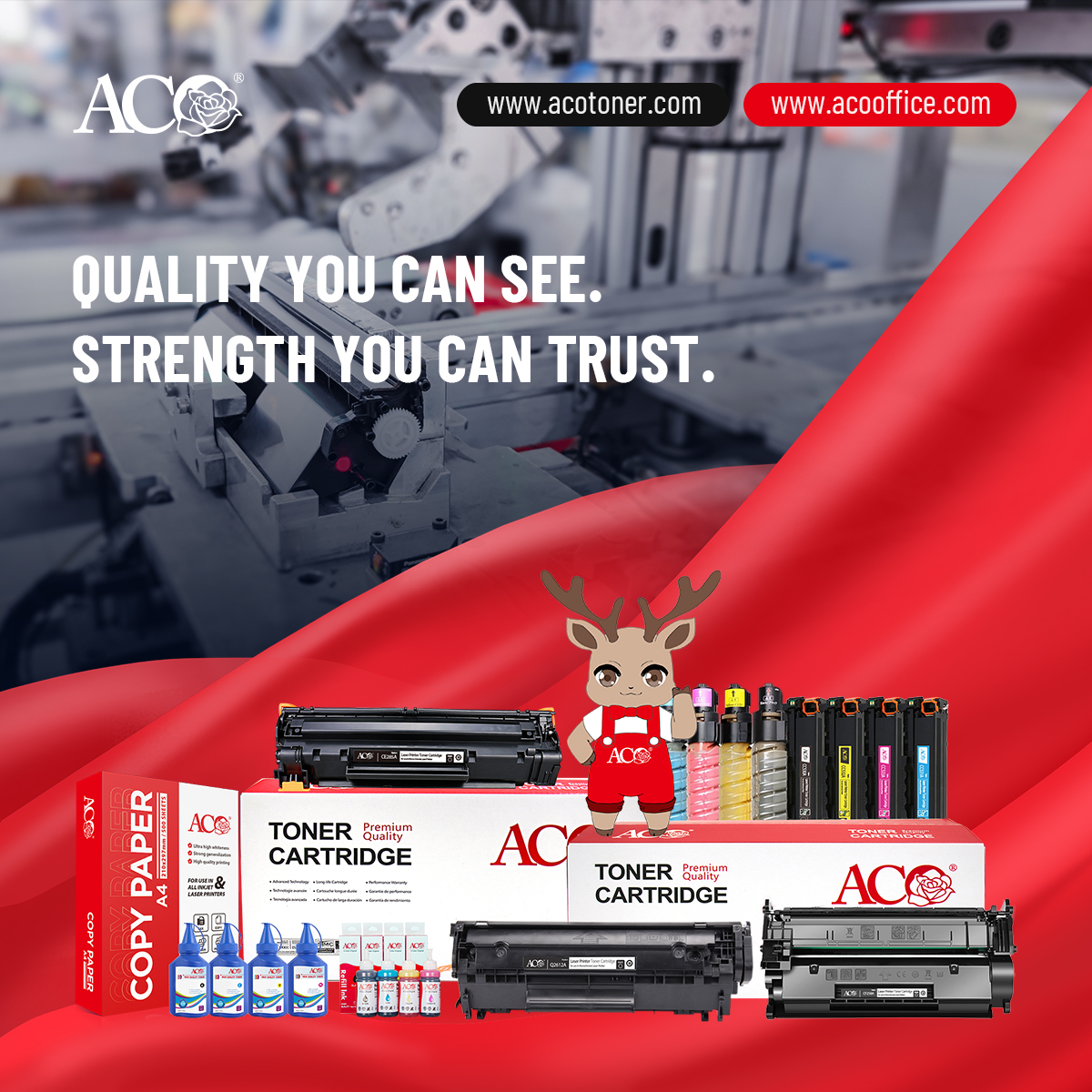 ACO office supplies product lineup showing compatible toner cartridges, A4 copy paper, refill ink bottles and toner powder on a red display