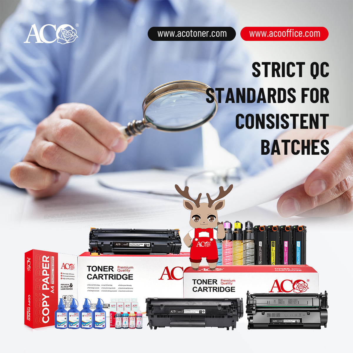 ACO printing consumables with strict quality control, featuring compatible toner cartridges, refill ink, toner powder, and A4 copy paper.