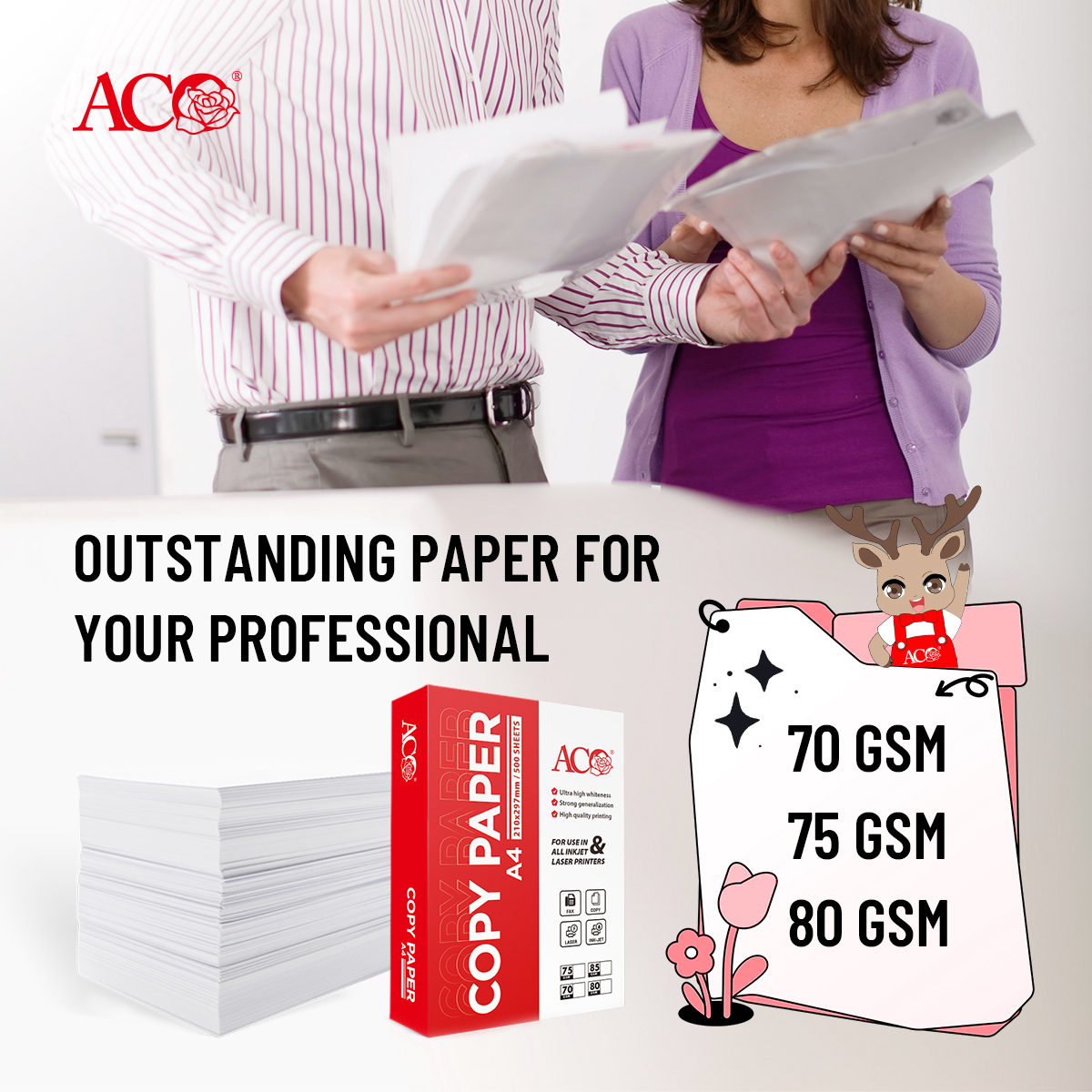 ACO A4 copy paper packaging and paper stack featuring 70 GSM, 75 GSM, and 80 GSM options for office printing