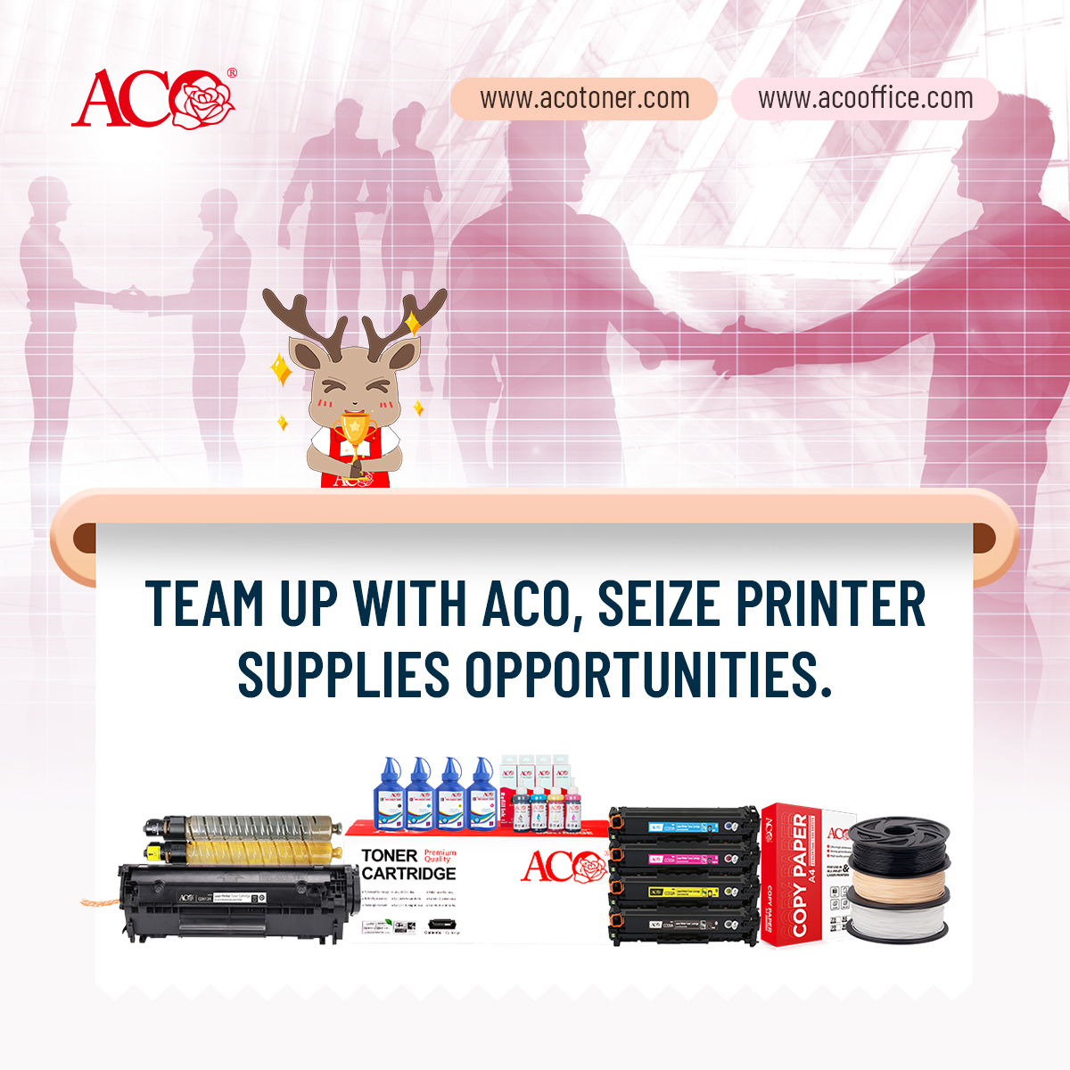 ACO printing and office supply product range featuring compatible toner cartridges, toner powder, refill ink, A4 copy paper, and 3D printing filament