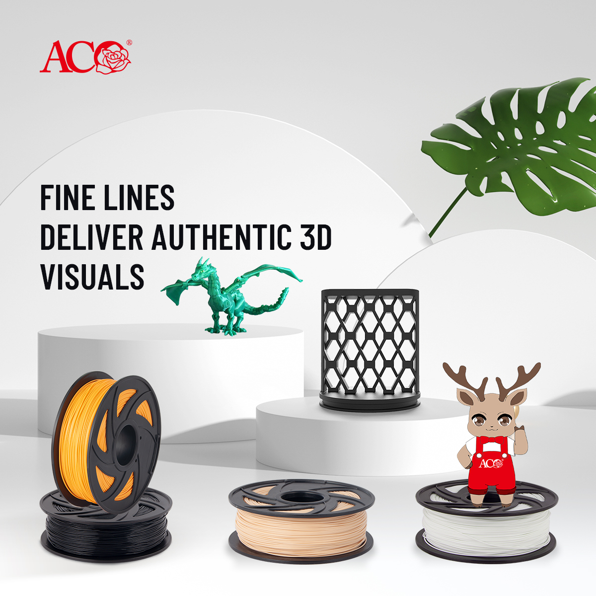 ACO 3D printing filament spools in orange, beige, and white alongside detailed 3D printed models, showcasing fine lines and defined structures.