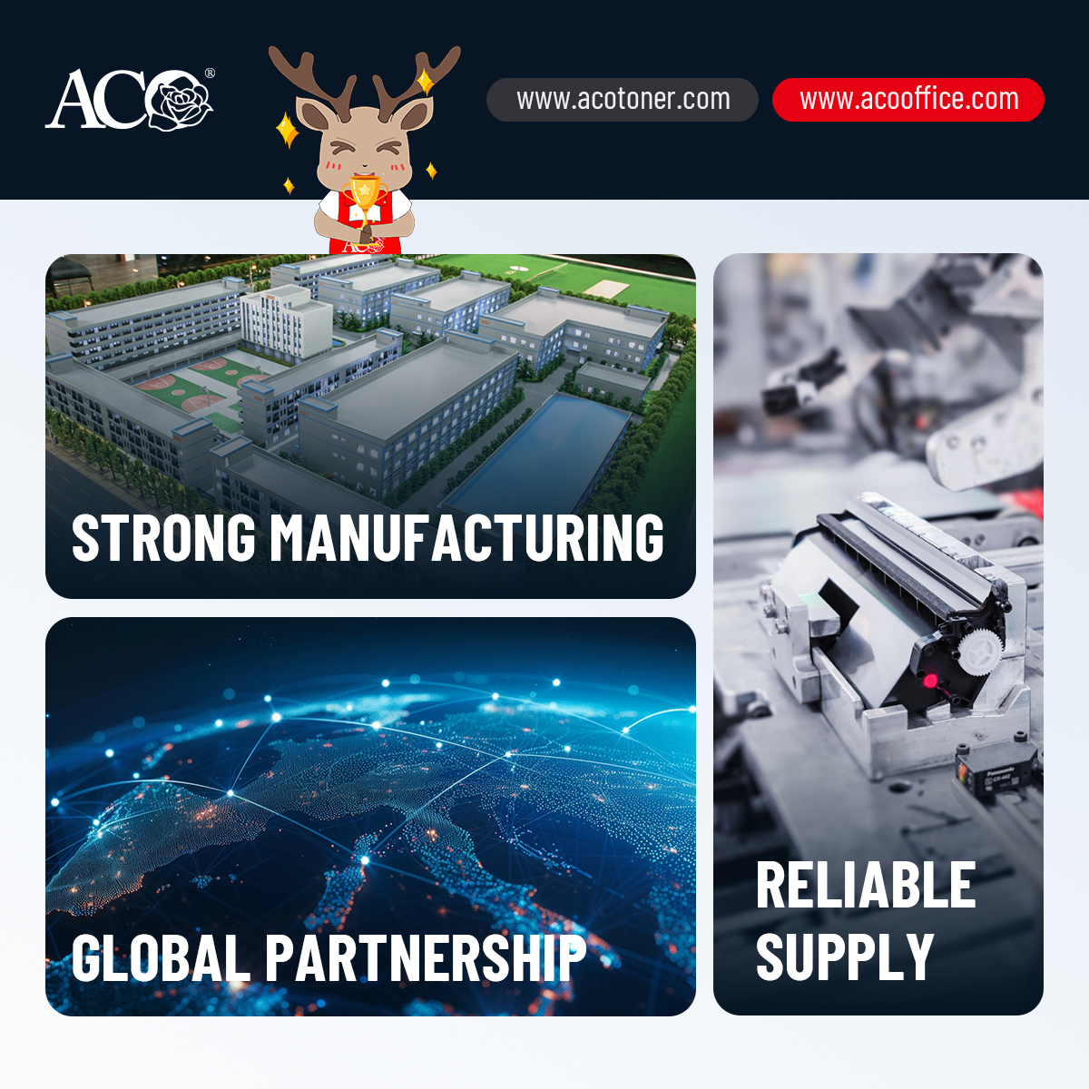 ACO factory manufacturing capabilities, global partnership, and reliable supply of toner cartridges, ink products, A4 copy paper, and 3D printing filament.