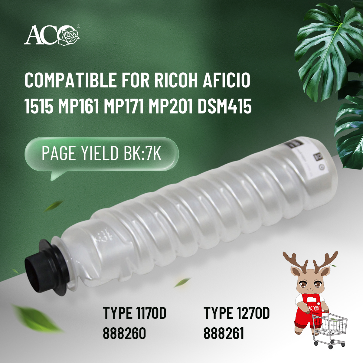 ACO compatible Ricoh Aficio toner cartridge Type 1170D 888260 and Type 1270D 888261 with up to 7000-page black toner yield