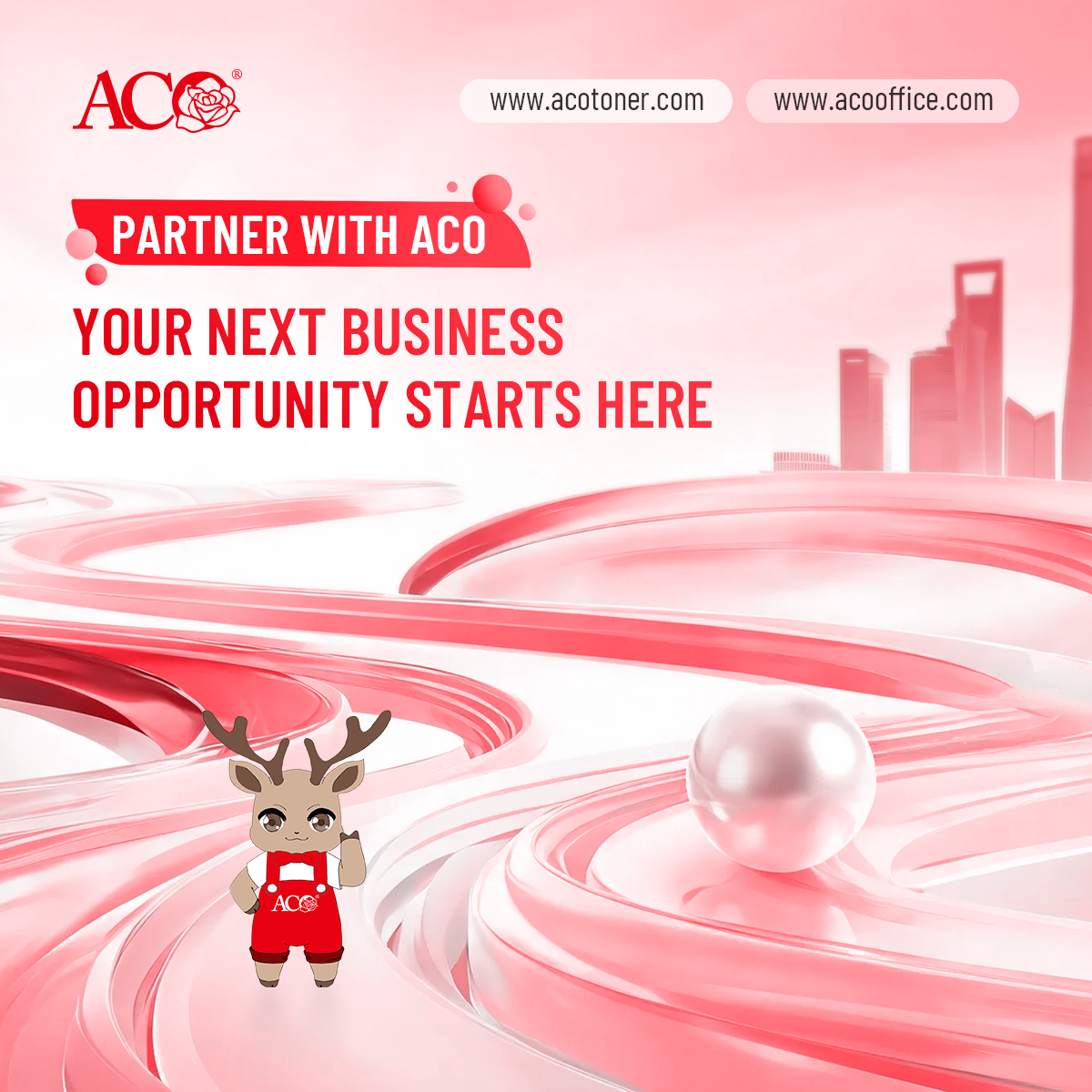 ACO brand partnership banner promoting global business cooperation and distribution opportunities in the printing supplies market.