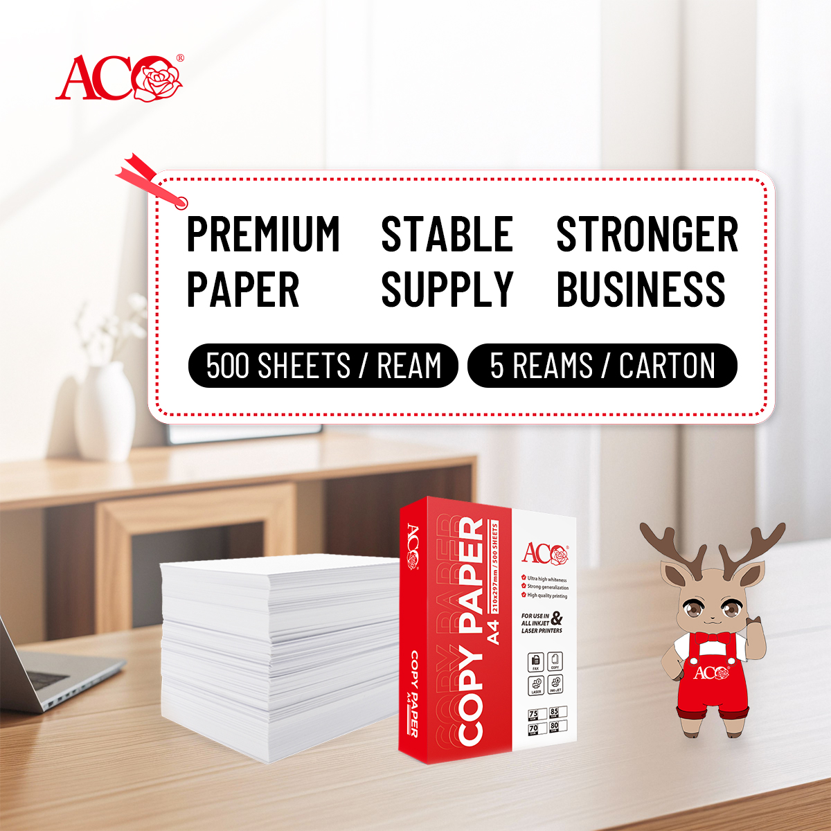 ACO A4 copy paper with 500 sheets per ream and 5 reams per carton, featuring high whiteness and compatibility with inkjet and laser printers.