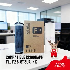 ACO Compatible Risograph FLL F2 S-8113UA Ink is developed to deliver consistent performance in high-volume duplicating applications.